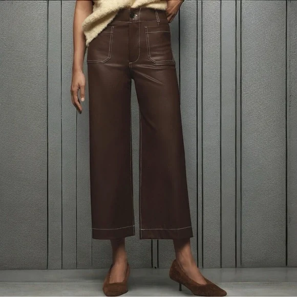 Anthropologie Maeve Colette Cropped Wide-Leg Pants Maeve Faux-Leather Top-Stitch - Picture 3 of 9